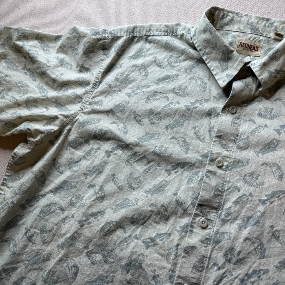 RedHead Men's Short Sleeve Button Up Shirt Fish Print Bass 100% Cotton Size 2XL